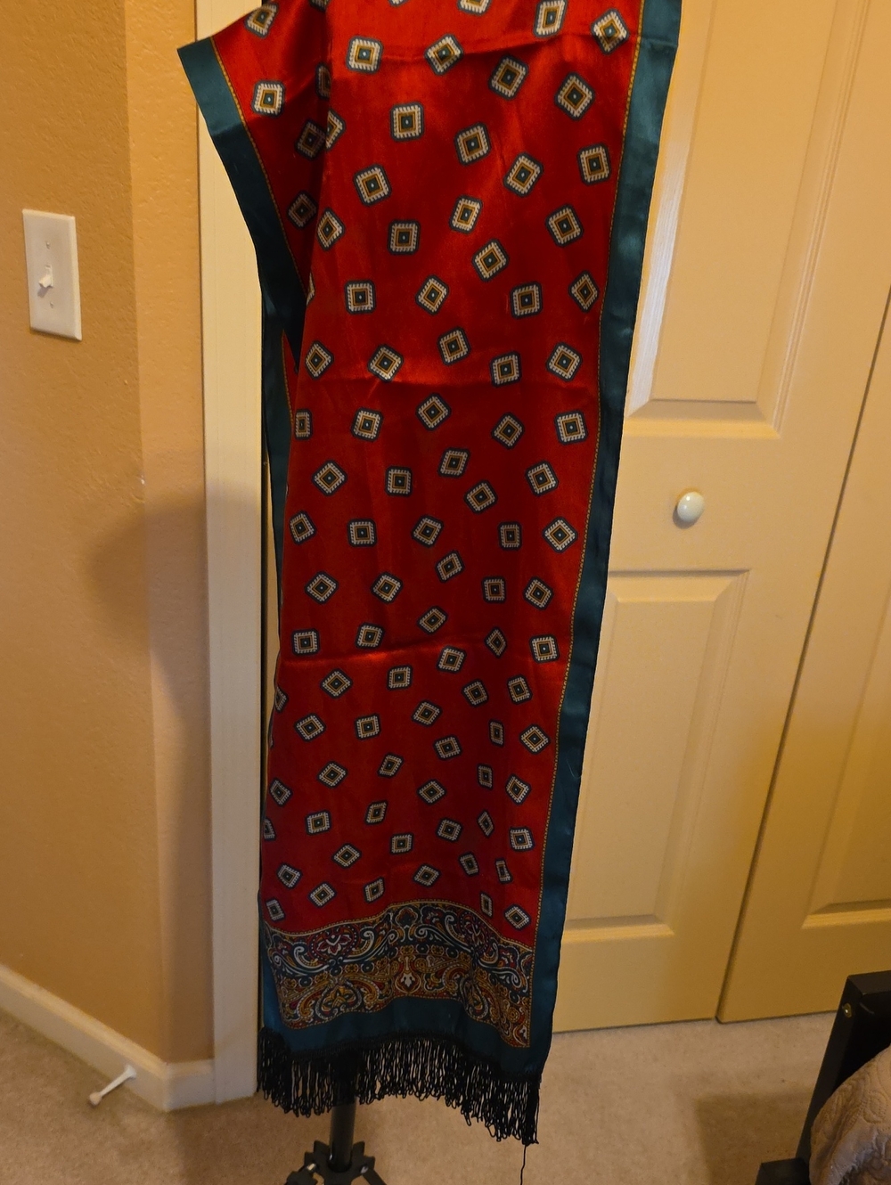 Red Printed Long Scarf with Teal Border